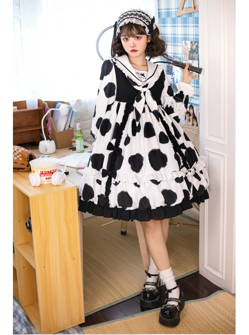 Ranch Story Series OP Cute Cat Paw Printing Sweet Lolita Multicolor Long Sleeve Dress