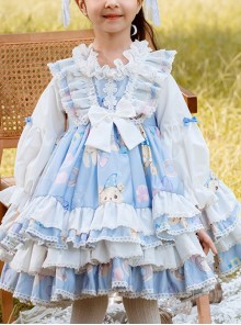 Autumn Winter Cute Doughnut Little Bear Printing Children Sweet Lolita Kids Blue Long Sleeve Dress