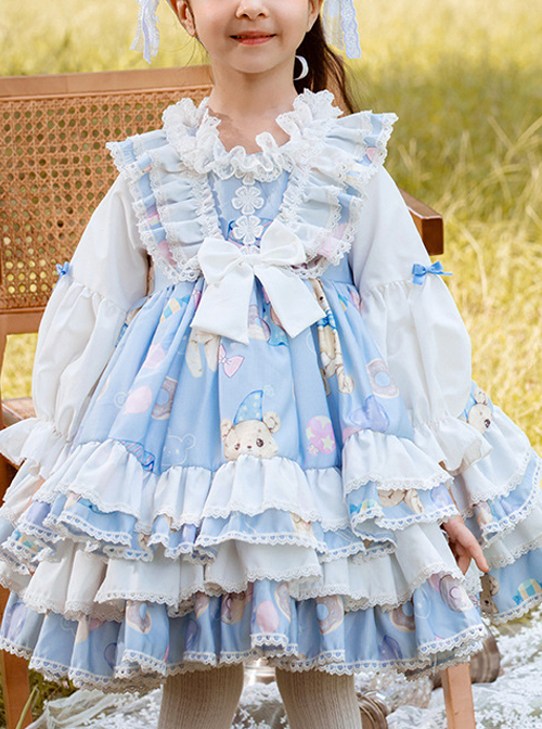 Autumn Winter Cute Doughnut Little Bear Printing Children Sweet Lolita Kids Blue Long Sleeve Dress