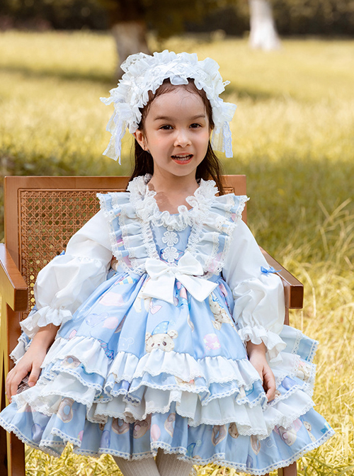 Autumn Winter Cute Doughnut Little Bear Printing Children Sweet Lolita Kids Blue Long Sleeve Dress