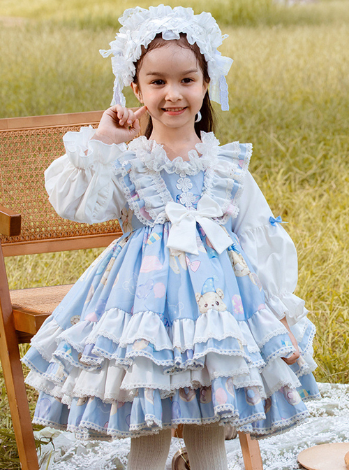 Autumn Winter Cute Doughnut Little Bear Printing Children Sweet Lolita Kids Blue Long Sleeve Dress