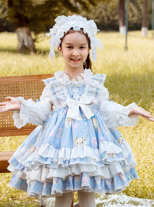 Autumn Winter Cute Doughnut Little Bear Printing Children Sweet Lolita Kids Blue Long Sleeve Dress