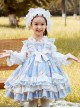 Autumn Winter Cute Doughnut Little Bear Printing Children Sweet Lolita Kids Blue Long Sleeve Dress