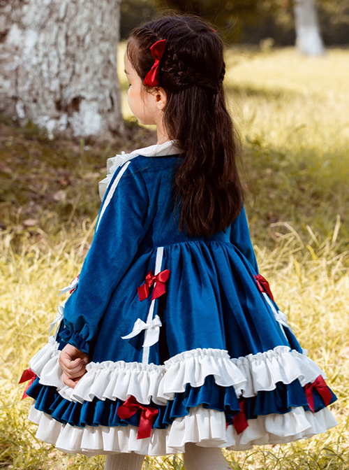 Doll Collar Lovely Long Ear Rabbit Bowknot Children Sweet Lolita Kids Blue Velour Long Sleeve Dress