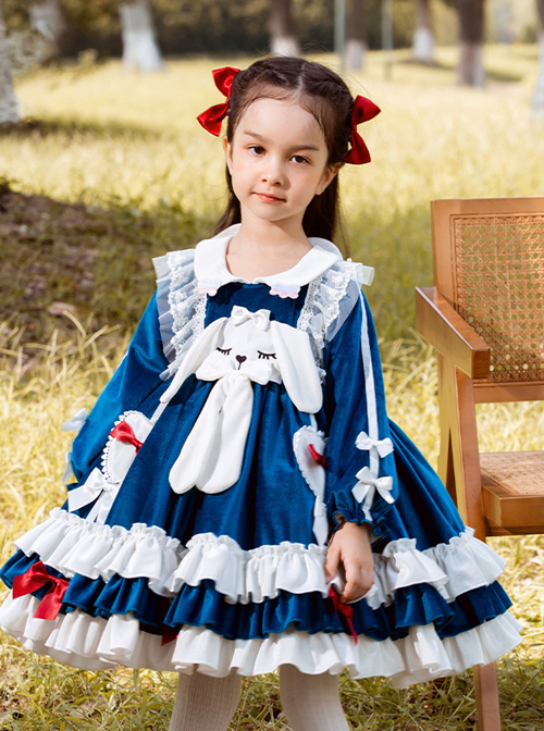 Doll Collar Lovely Long Ear Rabbit Bowknot Children Sweet Lolita Kids Blue Velour Long Sleeve Dress