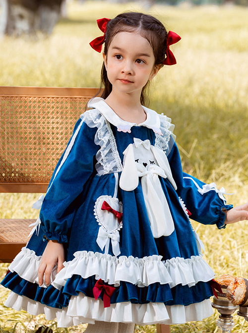 Doll Collar Lovely Long Ear Rabbit Bowknot Children Sweet Lolita Kids Blue Velour Long Sleeve Dress