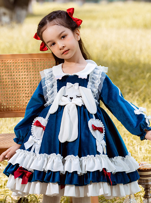 Doll Collar Lovely Long Ear Rabbit Bowknot Children Sweet Lolita Kids Blue Velour Long Sleeve Dress