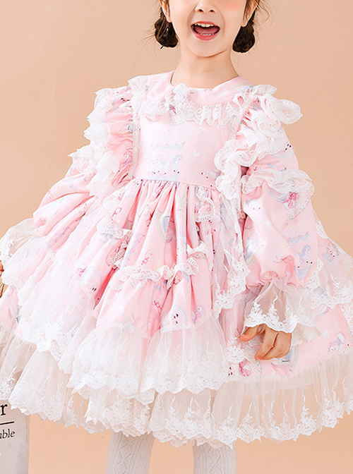 White Lace Cute Carousel Printing Children Sweet Lolita Princess Dress Kids Pink Long Sleeve Dress