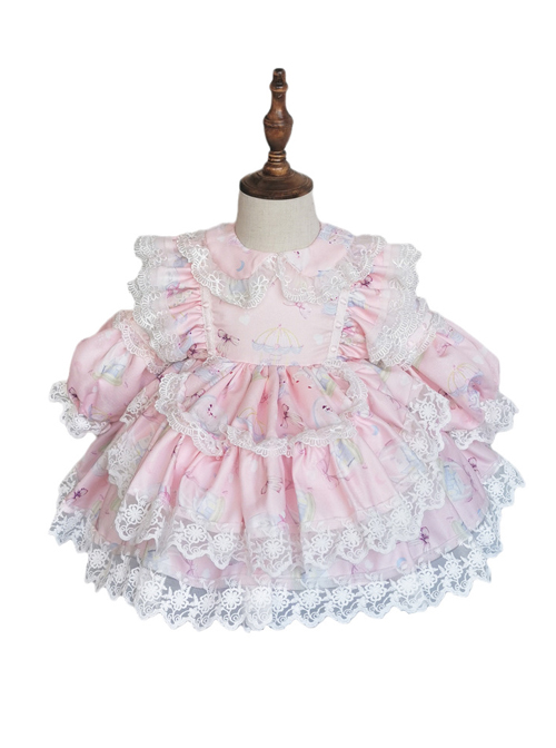 White Lace Cute Carousel Printing Children Sweet Lolita Princess Dress Kids Pink Long Sleeve Dress