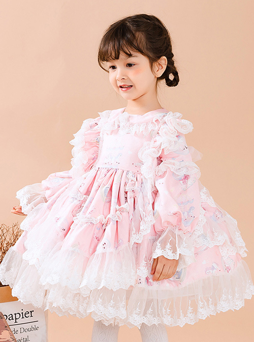 White Lace Cute Carousel Printing Children Sweet Lolita Princess Dress Kids Pink Long Sleeve Dress