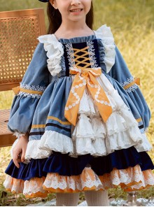 White Lace Yellow Bowknot Children Sweet Lolita Kids Gray-blue Velour Autumn Winter Long Sleeve Dress