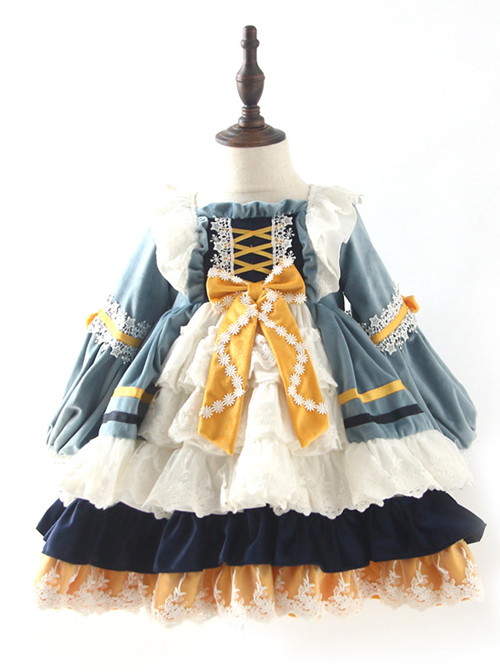 White Lace Yellow Bowknot Children Sweet Lolita Kids Gray-blue Velour Autumn Winter Long Sleeve Dress