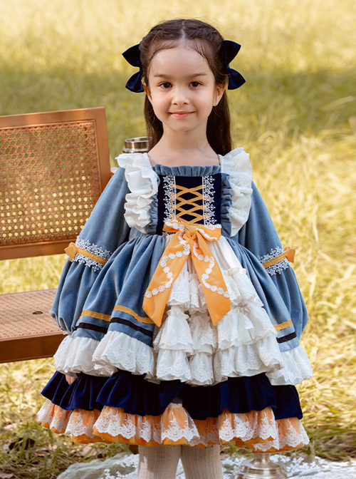 White Lace Yellow Bowknot Children Sweet Lolita Kids Gray-blue Velour Autumn Winter Long Sleeve Dress