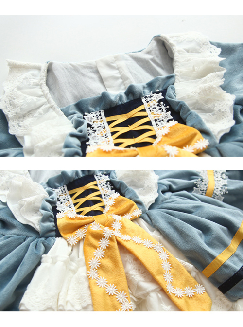White Lace Yellow Bowknot Children Sweet Lolita Kids Gray-blue Velour Autumn Winter Long Sleeve Dress