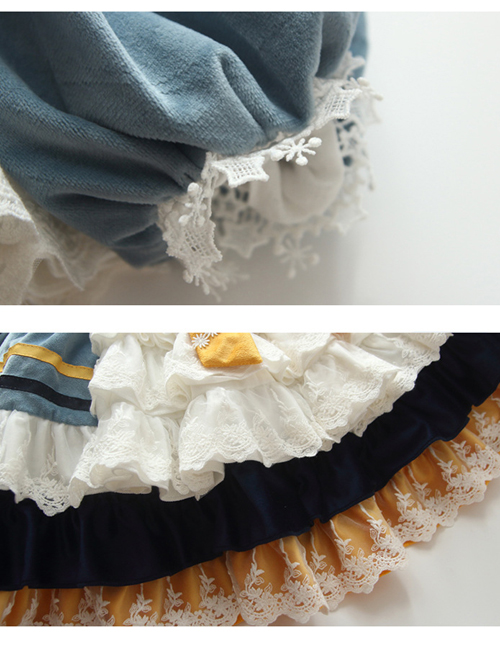 White Lace Yellow Bowknot Children Sweet Lolita Kids Gray-blue Velour Autumn Winter Long Sleeve Dress