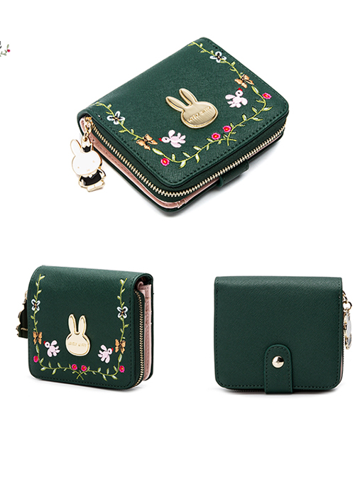 Vine Embroidery Cute Miffy Rabbit Elegant Classic Lolita Dark Green Short Folding Wallet