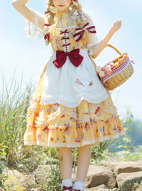 A Little Sparrow Series Pastoral Style Cute Printing Sweet Lolita Yellow Sling Dress