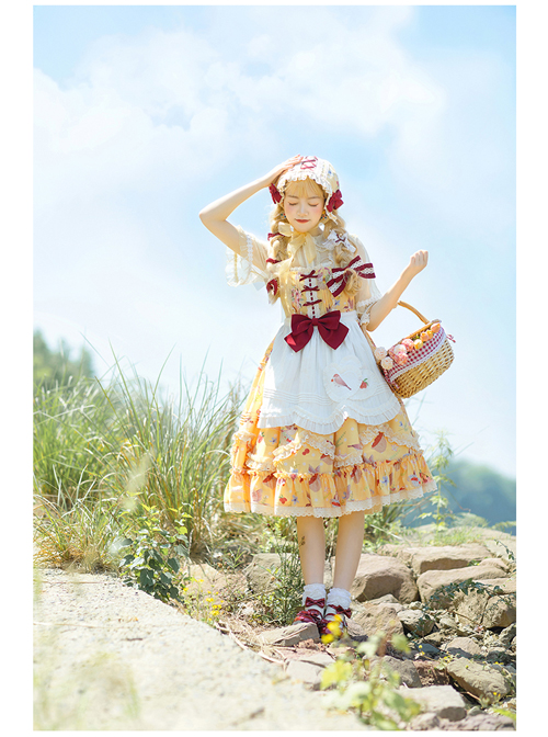 A Little Sparrow Series Pastoral Style Cute Printing Sweet Lolita Yellow Sling Dress