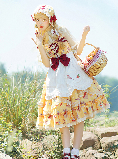 A Little Sparrow Series Pastoral Style Cute Printing Sweet Lolita Yellow Sling Dress