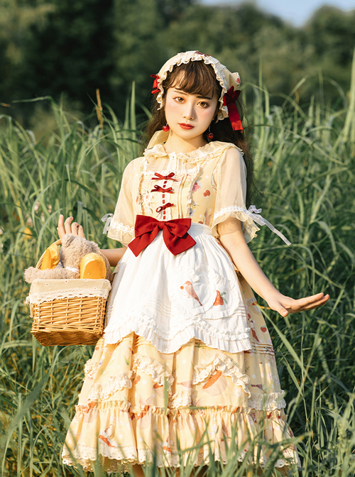 A Little Sparrow Series Pastoral Style Cute Printing Sweet Lolita Yellow Sling Dress