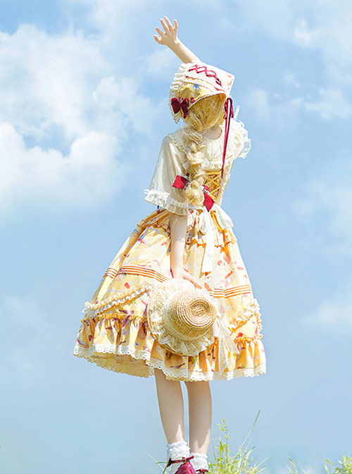 A Little Sparrow Series Pastoral Style Cute Printing Sweet Lolita Yellow Sling Dress