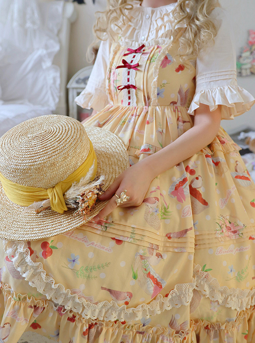 A Little Sparrow Series Pastoral Style Cute Printing Sweet Lolita Yellow Sling Dress