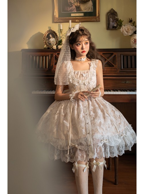 Floating Moon Dark Night Series JSK Floating Moon Apricot Organza Classic Lolita Sling Dress