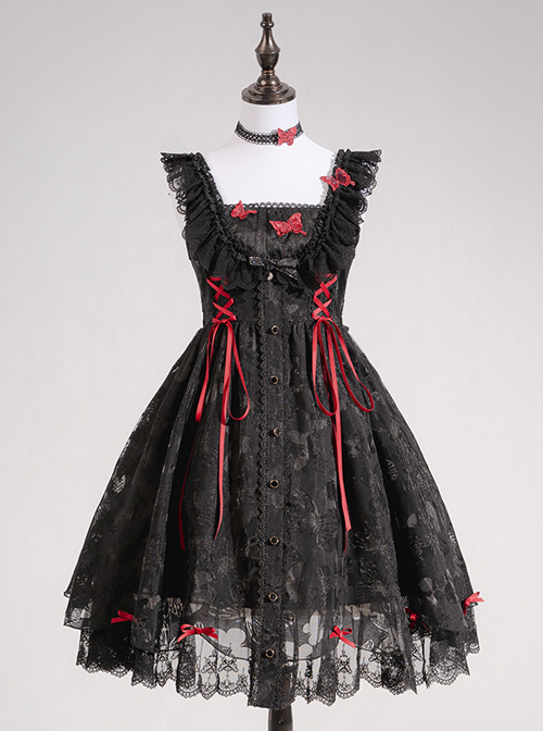 Floating Moon Dark Night Series JSK Dark Night Black Organza Gothic Lolita Sling Dress