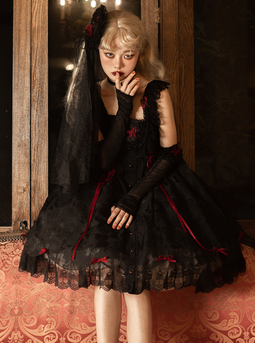 Floating Moon Dark Night Series JSK Dark Night Black Organza Gothic Lolita Sling Dress