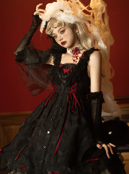 Floating Moon Dark Night Series JSK Dark Night Black Organza Gothic Lolita Sling Dress