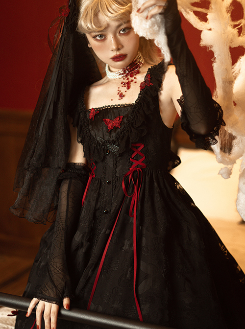 Floating Moon Dark Night Series JSK Dark Night Black Organza Gothic Lolita Sling Dress