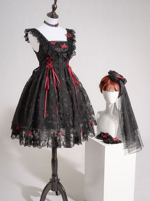 Floating Moon Dark Night Series JSK Dark Night Black Organza Gothic Lolita Sling Dress