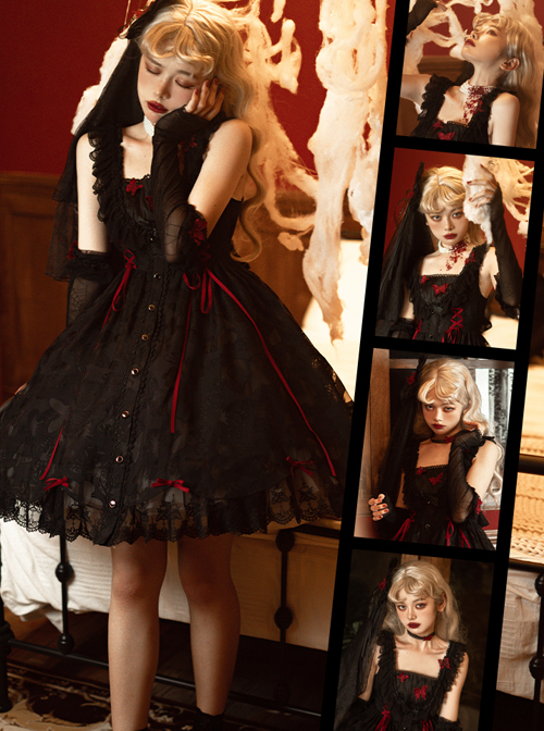 Floating Moon Dark Night Series JSK Dark Night Black Organza Gothic Lolita Sling Dress