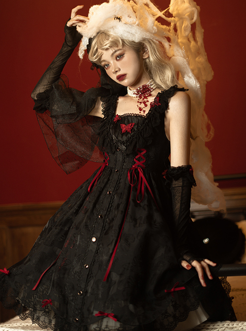 Floating Moon Dark Night Series JSK Dark Night Black Organza Gothic Lolita Sling Dress