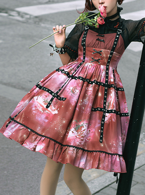 Bomb Strawberry Series JSK Sweet Hot Girl Strawberry Printing Sweet Lolita Red Sling Dress