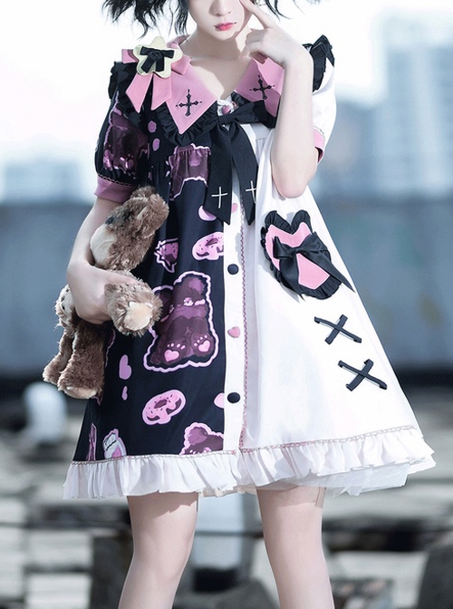 Strawberry Bear Series OP Cute Printed Stitching Sweet Lolita Short Sleeve Dress