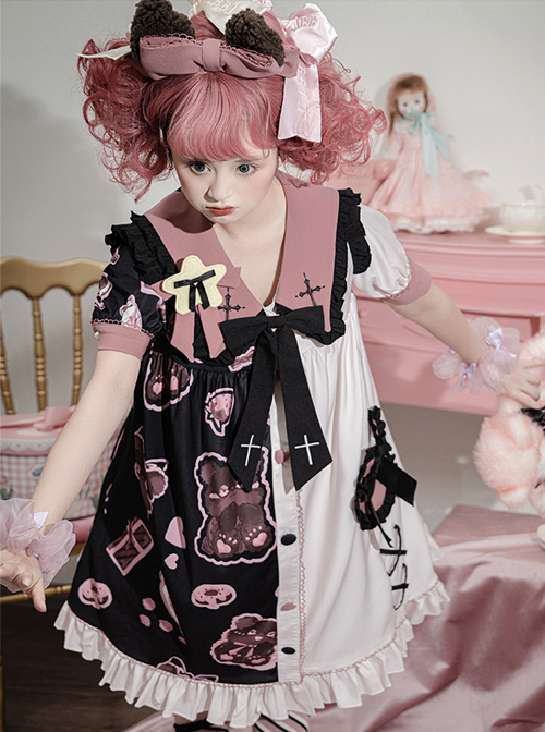 Strawberry Bear Series OP Cute Printed Stitching Sweet Lolita Short Sleeve Dress