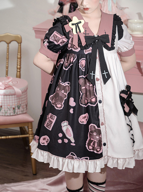 Strawberry Bear Series OP Cute Printed Stitching Sweet Lolita Short Sleeve Dress