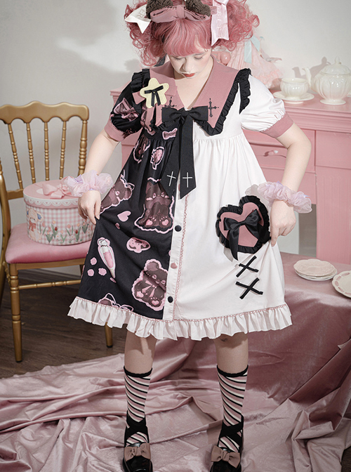 Strawberry Bear Series OP Cute Printed Stitching Sweet Lolita Short Sleeve Dress