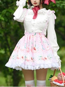 Peach Printed Ruffle White Lace Sweet Lolita Pink Sling Skirt