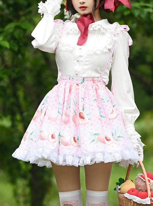 Peach Printed Ruffle White Lace Sweet Lolita Pink Sling Skirt