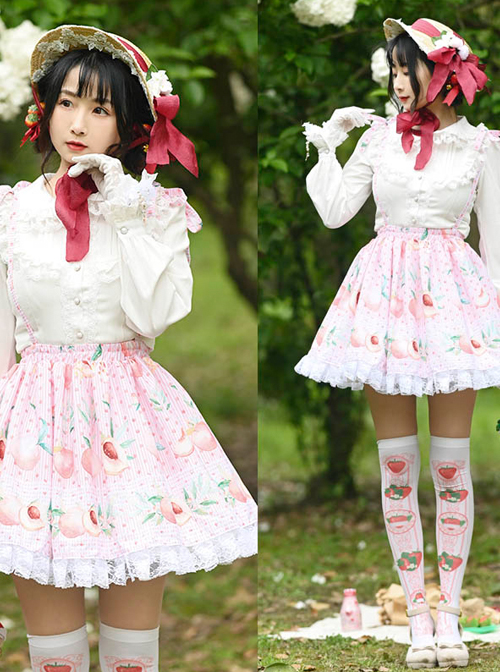 Peach Printed Ruffle White Lace Sweet Lolita Pink Sling Skirt