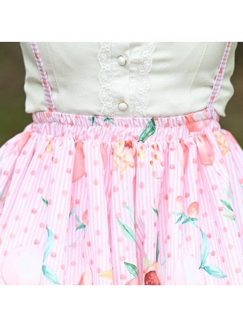 Peach Printed Ruffle White Lace Sweet Lolita Pink Sling Skirt