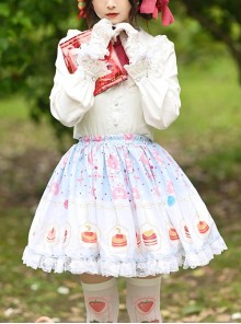 Cute Cake Printing Sweet Lolita Ruffle White Lace Light Blue Skirt