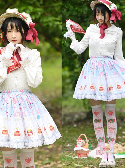 Cute Cake Printing Sweet Lolita Ruffle White Lace Light Blue Skirt