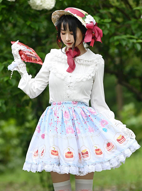 Cute Cake Printing Sweet Lolita Ruffle White Lace Light Blue Skirt