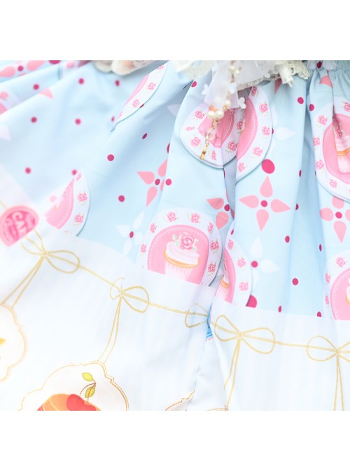 Cute Cake Printing Sweet Lolita Ruffle White Lace Light Blue Skirt