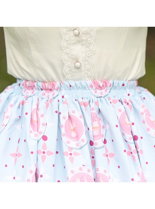 Cute Cake Printing Sweet Lolita Ruffle White Lace Light Blue Skirt