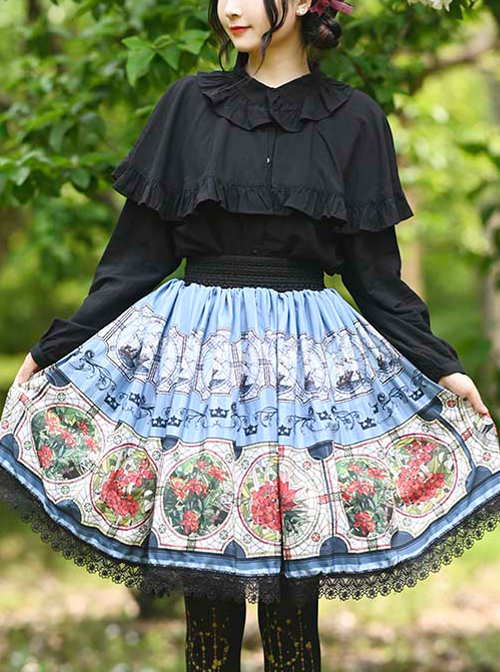 Retro Flowers Printing Classic Lolita Black Lace Blue Skirt