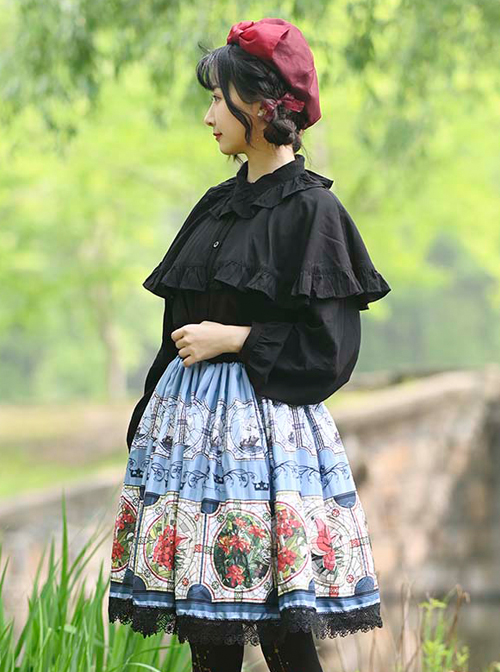 Retro Flowers Printing Classic Lolita Black Lace Blue Skirt